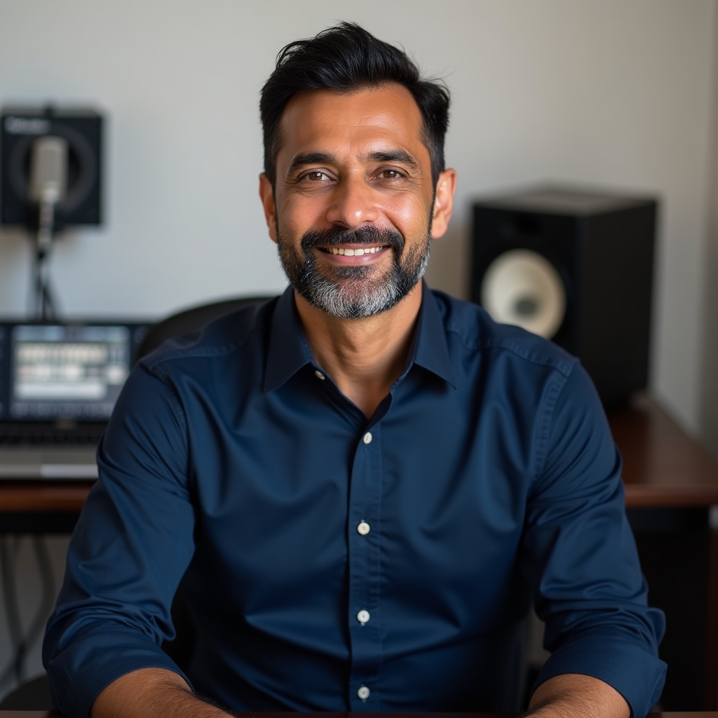 Male audio producer in his mid-40s, South Asian, wearing a navy button-down shirt, seated at a recording desk reviewing waveforms