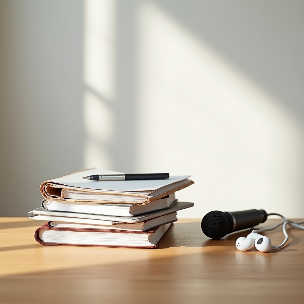 Visual representation of learning progression with notebooks and audio equipment arranged on a desk